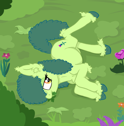 Size: 1801x1841 | Tagged: safe, artist:paskanaakka, derpibooru exclusive, oc, oc only, oc:thistle sprig, earth pony, pony, chest fluff, colored hooves, ear fluff, eating, female, flower, fluffy, grazing, herbivore, horses doing horse things, lying down, mare, on side, solo, unshorn fetlocks