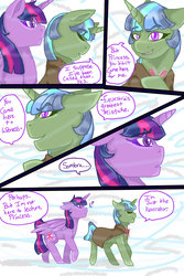 Size: 1024x1536 | Tagged: safe, artist:jeyjeymohr, clover the clever, twilight sparkle, alicorn, pony, unicorn, comic:crownless, g4, cloak, clothes, comic, dialogue, twilight sparkle (alicorn)