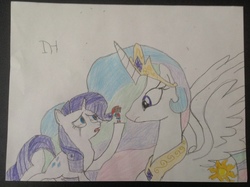 Size: 2592x1936 | Tagged: safe, artist:iron-hooved, princess celestia, rarity, human, g4, at the mercy of celestia, begging, crying, larger female, micro, shrunk, size difference, skeptical, smaller male, traditional art