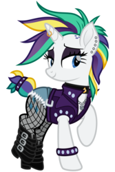 Size: 2000x3000 | Tagged: safe, artist:cheezedoodle96, rarity, pony, unicorn, g4, it isn't the mane thing about you, .svg available, alternate hairstyle, belt, boots, bracelet, buckle, choker, clothes, denim shorts, ear piercing, earring, eyeshadow, female, fishnet stockings, high res, horn, horn piercing, horn ring, jacket, jewelry, lidded eyes, makeup, mare, mohawk, necklace, padlock, pantyhose, piercing, punk, raised hoof, raised leg, raripunk, see-through, shoes, simple background, solo, spade, stockings, svg, thigh highs, torn clothes, transparent background, vector