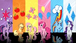 Size: 1920x1080 | Tagged: safe, artist:phafy, applejack, fluttershy, pinkie pie, rainbow dash, rarity, twilight sparkle, g4, cutie mark, mane six, wallpaper