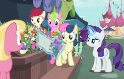 Size: 799x508 | Tagged: safe, screencap, bon bon, daisy, flower wishes, lily, lily valley, rarity, roseluck, sweetie drops, earth pony, pony, unicorn, g4, it isn't the mane thing about you, adorabon, animated, cute, female, flower trio, gif, magic, mare, mouth hold, nom, telekinesis