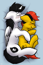 Size: 1461x2189 | Tagged: safe, artist:stargazer, oc, oc only, oc:angel, oc:southern belle, alicorn, earth pony, pony, alicorn oc, blushing, cuddling, shipping, spooning