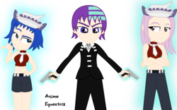 Size: 1524x954 | Tagged: safe, artist:anime-equestria, princess celestia, princess luna, starlight glimmer, equestria girls, g4, anime, crossover, death the kid, gun, handgun, hat, soul eater, weapon