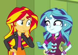 Size: 884x622 | Tagged: safe, artist:3d4d, edit, edited screencap, screencap, sonata dusk, sunset shimmer, equestria girls, g4, alternate hairstyle, female, hair swap, lesbian, ship:sunata, shipping