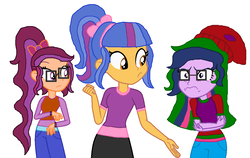 Size: 1276x806 | Tagged: safe, artist:3d4d, oc, oc only, oc:dawn afterglow, oc:galaxy sparkle, oc:nature shine, equestria girls, g4, base used, magical lesbian spawn, offspring, parent:flash sentry, parent:sci-twi, parent:sunset shimmer, parent:timber spruce, parent:twilight sparkle, parents:flashlight, parents:scitwishimmer, parents:sunsetsparkle, parents:timbertwi