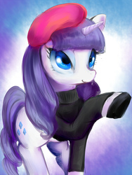 Size: 600x800 | Tagged: safe, artist:nabe, rarity, g4, beatnik rarity, beret, clothes, hat, raised hoof, shoes, simple background, sweater