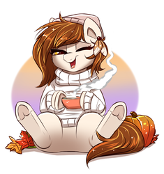 Size: 924x981 | Tagged: safe, artist:confetticakez, oc, oc only, oc:raven sun, autumn, autumn leaves, beanie, clothes, coffee, cute, featureless crotch, female, hat, leaves, mare, pumpkin, simple background, sitting, smiling, solo, sweater, underhoof