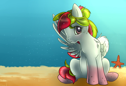 Size: 1500x1024 | Tagged: safe, artist:zobaloba, oc, oc only, oc:watermelana, pony, starfish, beach, curious, freckles, gradient hooves, ocean, sitting, solo