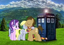 Size: 1900x1328 | Tagged: safe, artist:3d4d, derpy hooves, doctor whooves, starlight glimmer, time turner, g4, crossover, doctor who, tardis