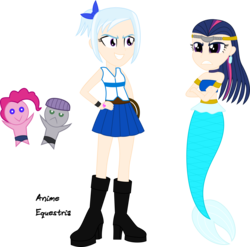 Size: 1910x1890 | Tagged: safe, artist:anime-equestria, maud pie, pinkie pie, trixie, twilight sparkle, mermaid, equestria girls, g4, anime, aquarius, boots, bracelet, clothes, crossover, evil smile, fairy tail, gemini, grin, high heel boots, jewelry, lucy heartfilia, mermaidized, piercing, ponytail, shoes, skirt, smiling, whip