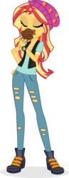 Size: 1306x3381 | Tagged: safe, artist:punzil504, starlight glimmer, sunset shimmer, equestria girls, equestria girls specials, g4, mirror magic, beanie, boots, clothes, clothes swap, eyes closed, female, food, hat, ice cream, pants, shirt, shoes, simple background, solo, starlight glimmer's boots, transparent background, vest