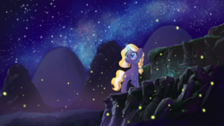 Size: 3840x2160 | Tagged: safe, artist:pencils, oc, oc only, firefly (insect), pony, unicorn, braid, female, glowing horn, high res, horn, looking up, mare, mountain, night, raised hoof, solo, starry night, stars