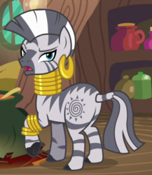 Size: 515x592 | Tagged: safe, screencap, zecora, zebra, g4, it isn't the mane thing about you, bed, butt, cauldron, cropped, female, looking at you, looking back, mare, plot, raised eyebrow, solo, zecora's hut, zecorass