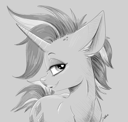 Size: 3438x3274 | Tagged: safe, artist:faline-art, rarity, unicorn, it isn't the mane thing about you, alternate hairstyle, female, mare, monochrome, punk, raripunk, smiling, solo