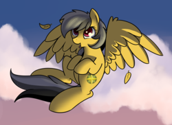 Size: 1382x1004 | Tagged: safe, artist:neuro, daring do, pegasus, pony, g4, feather, female, flying, solo, tongue out