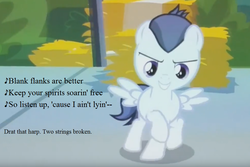 Size: 959x640 | Tagged: safe, edit, edited screencap, editor:korora, screencap, rumble, pegasus, pony, g4, marks and recreation, chronicles of prydain, colt, cropped, hay bale, lyrics, male, song reference, text