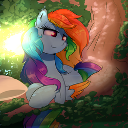 Size: 3333x3333 | Tagged: safe, artist:madacon, rainbow dash, pegasus, pony, g4, female, high res, mare, morning ponies, smiling, solo, tree, waking up