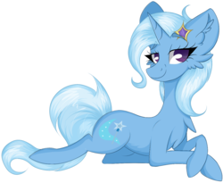 Size: 1267x1037 | Tagged: safe, artist:woonborg, trixie, pony, unicorn, g4, cheek fluff, chest fluff, ear fluff, female, lidded eyes, looking at you, lying down, mare, signature, simple background, smiling, smirk, solo, transparent background