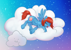 Size: 1280x905 | Tagged: safe, artist:pencils, oc, oc only, oc:sureibu, pegasus, pony, cloud, female, lying down, mare, on side, open mouth, sleeping, stars, tail wrap