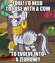 Size: 500x574 | Tagged: safe, zecora, cow, zebra, g4, it isn't the mane thing about you, demands, fusion, jocora, raised eyebrow, zebrow