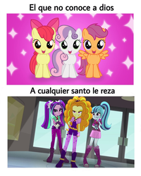 Size: 776x968 | Tagged: safe, artist:3d4d, screencap, adagio dazzle, apple bloom, aria blaze, scootaloo, sonata dusk, sweetie belle, equestria girls, g4, cutie mark crusaders, female, god, religion, spanish, text, the dazzlings, translated in the comments