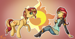 Size: 1600x833 | Tagged: safe, artist:juniormintotter, sunset shimmer, human, pony, unicorn, equestria girls, g4, cutie mark background, duo, female, human ponidox, mare, raised hoof, self ponidox, signature, sitting, surprised