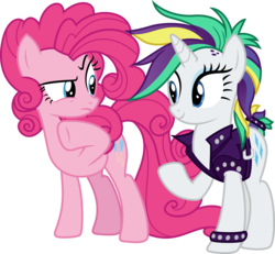 Size: 4424x4096 | Tagged: safe, artist:tralomine, pinkie pie, rarity, earth pony, pony, unicorn, g4, it isn't the mane thing about you, .svg available, absurd resolution, alternate hairstyle, female, looking at you, mare, poofy pie, punk, raripunk, simple background, smiling, transparent background, vector