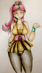 Size: 1862x3264 | Tagged: safe, artist:nolyanimeid, sour sweet, human, equestria girls, g4, bedroom eyes, clothes, female, freckles, hand on hip, humanized, looking at you, pointing, ponytail, simple background, skirt, skirt lift, smiling, smirk, solo, traditional art, white background