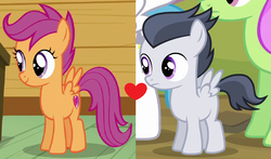 Size: 1124x662 | Tagged: safe, edit, edited screencap, screencap, rumble, scootaloo, pegasus, pony, g4, colt, female, filly, male, ship:rumbloo, shipping, shipping domino, straight