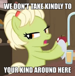 Size: 571x579 | Tagged: safe, edit, edited screencap, screencap, granny smith, earth pony, pony, g4, the perfect pear, female, image macro, meme, solo, south park, young granny smith, younger