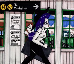 Size: 1023x896 | Tagged: safe, artist:newyorkx3, rarity, human, g4, comic, female, food, humanized, manic monday, metro, one-panel comic, solo, song reference, subway, the bangles, train station