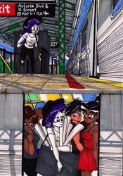 Size: 1024x1464 | Tagged: safe, artist:newyorkx3, rarity, oc, oc:crystal, oc:tommy, g4, comic, crysmmy, food, manic monday, metro, song reference, subway, train, train station