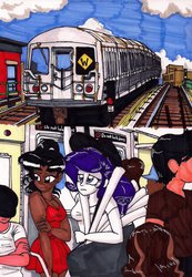 Size: 1024x1477 | Tagged: safe, artist:newyorkx3, rarity, oc, oc:crystal, g4, comic, food, manic monday, metro, song reference, subway, train