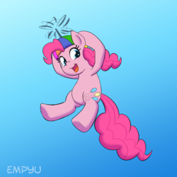 Size: 1000x1000 | Tagged: safe, artist:empyu, pinkie pie, earth pony, pony, g4, 2017, female, flying, hat, mare, open mouth, propeller hat, simple background, smiling, solo