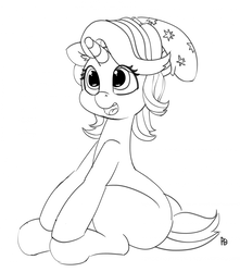 Size: 1280x1447 | Tagged: safe, artist:pabbley, starlight glimmer, pony, unicorn, g4, 30 minute art challenge, beanie, black and white, clothes, cute, equestria girls outfit, female, glimmerbetes, grayscale, hat, mare, missing cutie mark, monochrome, open mouth, sitting, solo
