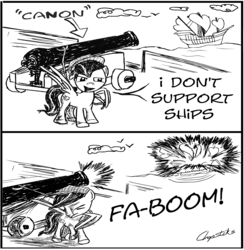 Size: 2260x2316 | Tagged: safe, artist:chopsticks, oc, oc only, oc:chopsticks, pegasus, pony, cannon, clothes, cloud, comic, explosion, funny, hat, high res, male, monochrome, muzzle flash, pun, ship, shipping, shipping denied, sky, solo, stallion, text