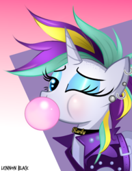 Size: 770x1000 | Tagged: safe, artist:lennonblack, rarity, pony, unicorn, g4, it isn't the mane thing about you, alternate hairstyle, bubblegum, clothes, cute, ear piercing, female, food, gum, mare, one eye closed, piercing, punk, raribetes, raripunk, solo, wink