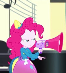 Size: 646x720 | Tagged: safe, screencap, pinkie pie, eqg summertime shorts, equestria girls, g4, steps of pep, annoyed, cropped, female, frown, megaphone, microphone, pointing, solo