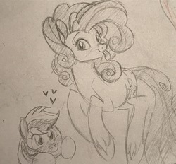 Size: 3106x2882 | Tagged: safe, artist:cocouri, pinkie pie, rainbow dash, pony, g4, it isn't the mane thing about you, blushing, female, heart, high res, lesbian, monochrome, poofy pie, ship:pinkiedash, shipping, sketch, tongue out, traditional art