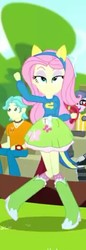 Size: 249x720 | Tagged: safe, screencap, brawly beats, fluttershy, microchips, equestria girls, g4, my little pony equestria girls: summertime shorts, steps of pep, background human, boots, cheering, clothes, cropped, shoes, socks, the club can't even handle me right now