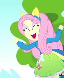 Size: 595x720 | Tagged: safe, screencap, fluttershy, eqg summertime shorts, equestria girls, g4, steps of pep, cheering, cropped, eyes closed, female, smiling, solo