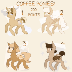Size: 2500x2500 | Tagged: safe, artist:reverseau, oc, oc only, unnamed oc, bat pony, earth pony, pegasus, pony, unicorn, adoptable, coffee, cutie mark background, high res, premium content