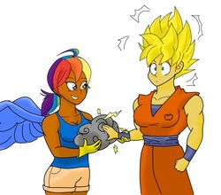 Size: 1419x1248 | Tagged: safe, artist:matchstickman, applejack, rainbow dash, human, g4, clothes, cosplay, costume, dragon ball, dragon ball z, humanized, simple background, static electricity, stormcloud, super saiyan, white background, winged humanization, wings