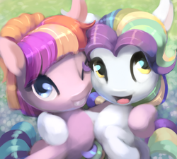 Size: 717x645 | Tagged: safe, artist:bakuel, coconut cream, toola roola, earth pony, pony, fame and misfortune, g4, duo, female, filly, friends, hug, lineless, looking at you, smiling