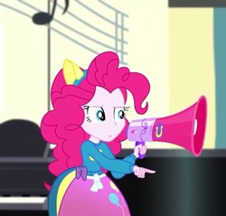 Size: 754x720 | Tagged: safe, screencap, pinkie pie, equestria girls, g4, my little pony equestria girls: summertime shorts, steps of pep, >:|, cropped, female, frown, microphone, pointing, solo