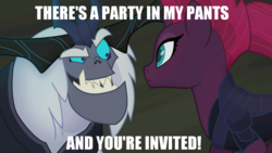 Size: 1777x1000 | Tagged: safe, edit, edited screencap, screencap, storm king, tempest shadow, pony, unicorn, g4, my little pony: the movie, broken horn, caption, female, horn, innuendo, mare, out of context