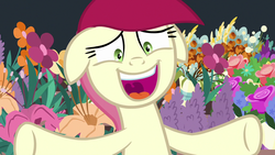 Size: 1280x720 | Tagged: safe, screencap, roseluck, pony, g4, it isn't the mane thing about you, faic, female, floppy ears, flower, open mouth, solo