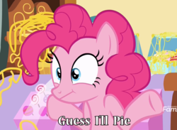 Size: 1479x1080 | Tagged: safe, edit, edited screencap, screencap, pinkie pie, earth pony, pony, g4, it isn't the mane thing about you, :t, discovery family logo, female, guess i'll die, image macro, mare, meme, pun, shrug, silly string, solo