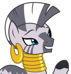 Size: 2803x2928 | Tagged: safe, artist:sketchmcreations, zecora, zebra, g4, it isn't the mane thing about you, ear piercing, earring, female, high res, jewelry, neck rings, piercing, quadrupedal, raised hoof, simple background, smiling, transparent background, vector